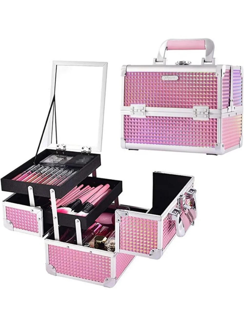 Portable Makeup Organizer with Mirror | Cosmetic Train Case, 2 Trays, Locking